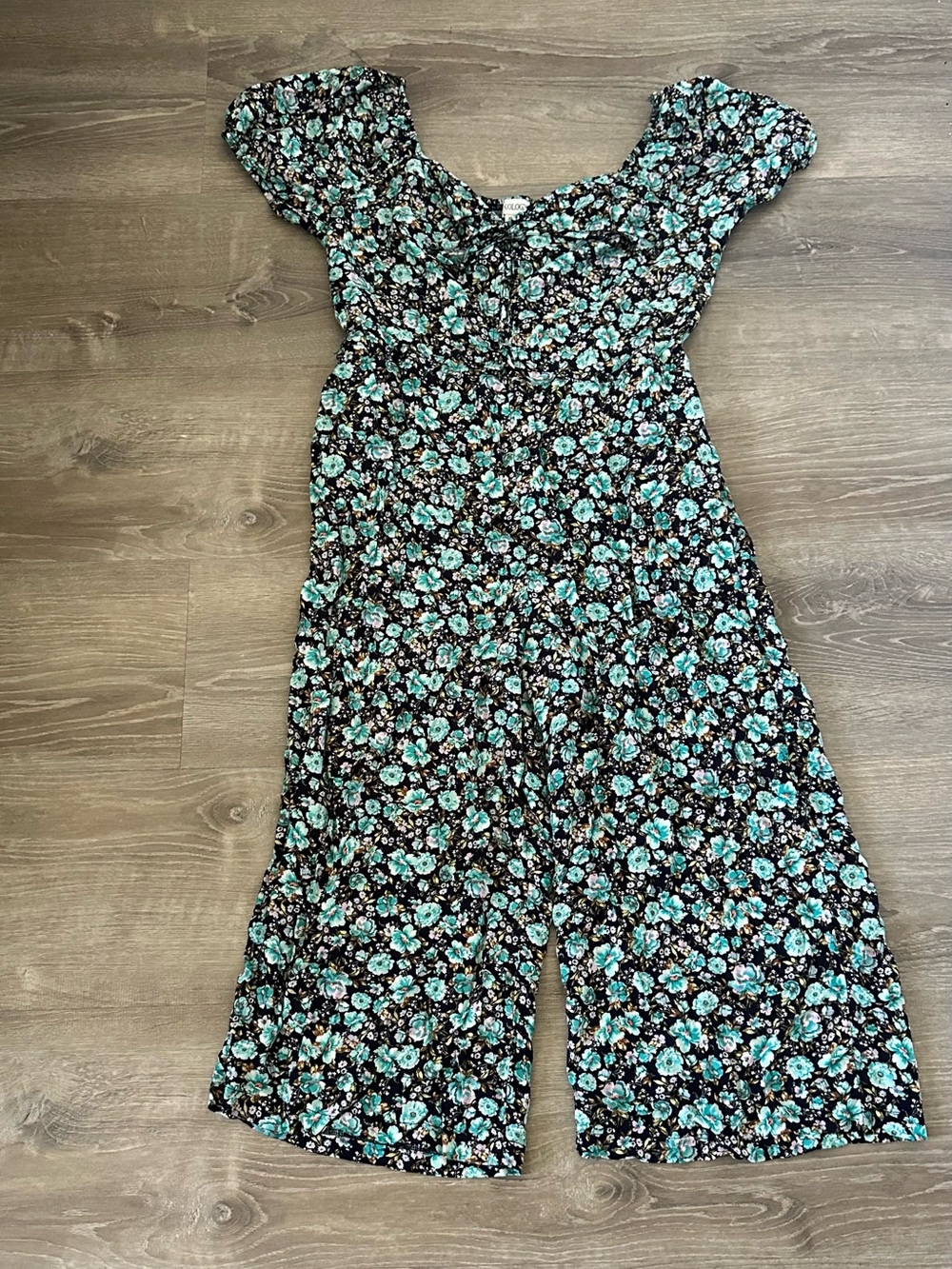 Xology Floral Wide Leg Jumpsuit Womens Size XL Black Mint Green Smocked Boho Rom